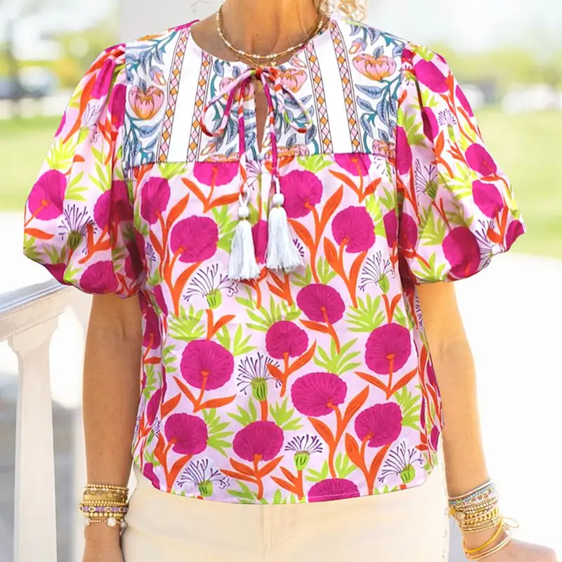 

Combhasaki Women Summer Y2K Aesthetic Floral Print Contrast Color Shirt Top Short Puff Sleeve V-Neck Blouses with Tassel Straps