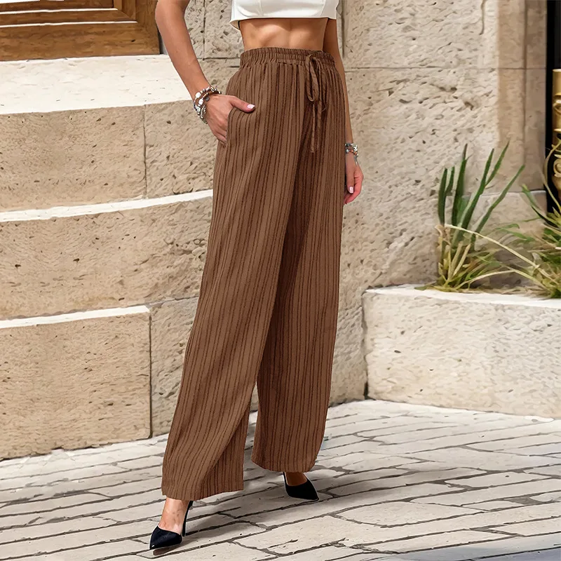 Imagem -03 - Qybian-calça Comprida de Perna Larga Feminina Monocromática Elástica na Cintura Solta Textura Vertical Sentido Casual Calça Feminina Primavera Verão