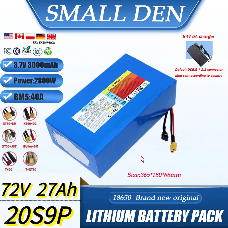 72V 27Ah 20S9P 18650 lithium battery pack 2800W+40A BMS, used as an electric functional product, outdoor energy storage+charger