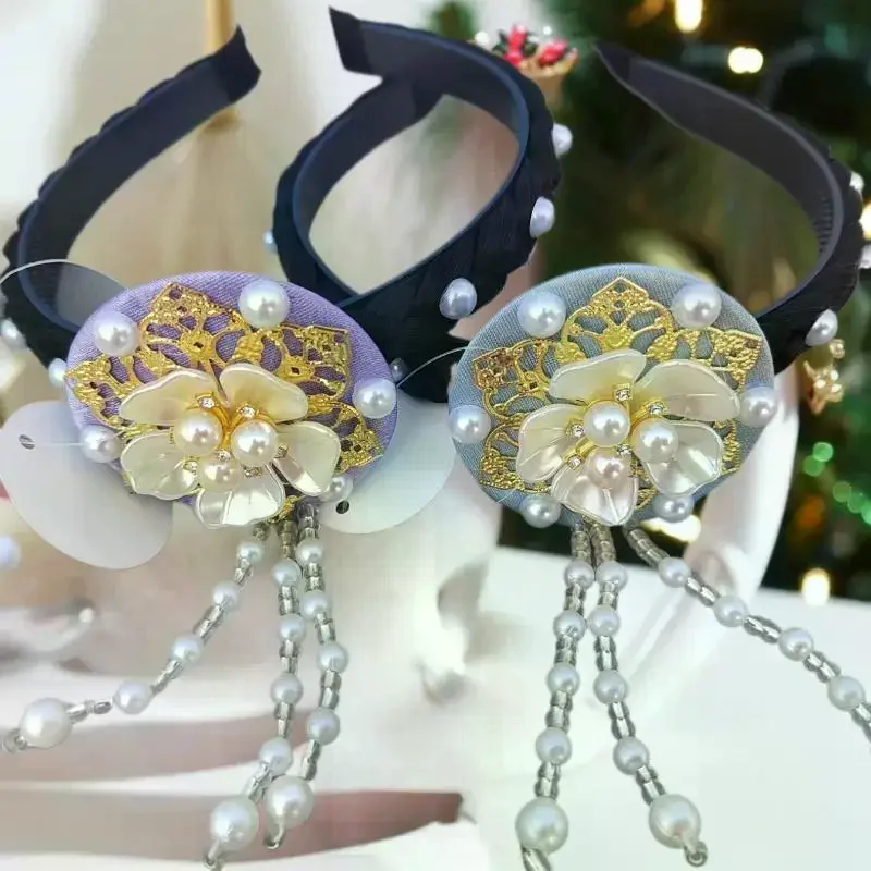 Diadema coreana con perlas y flores, diadema Hanbok, borlas a la moda, tocado tradicional, aro para el pelo para baile en escenario para mujer