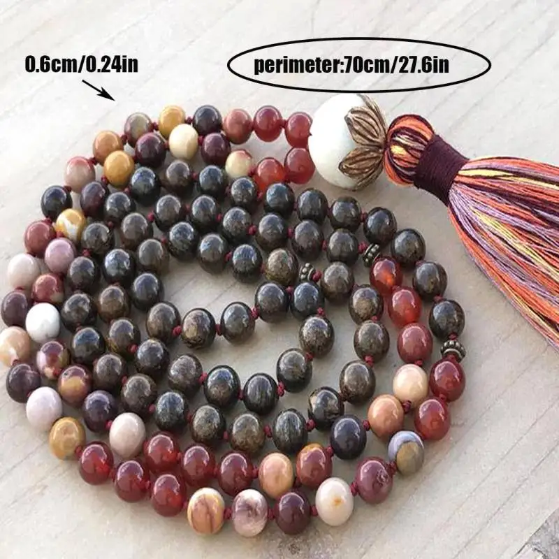 Natural Tiger's Eye & Red Agate Mala Beads Necklace 108 Beads with Multi-Color Tassel Healing Crystal Jewelry