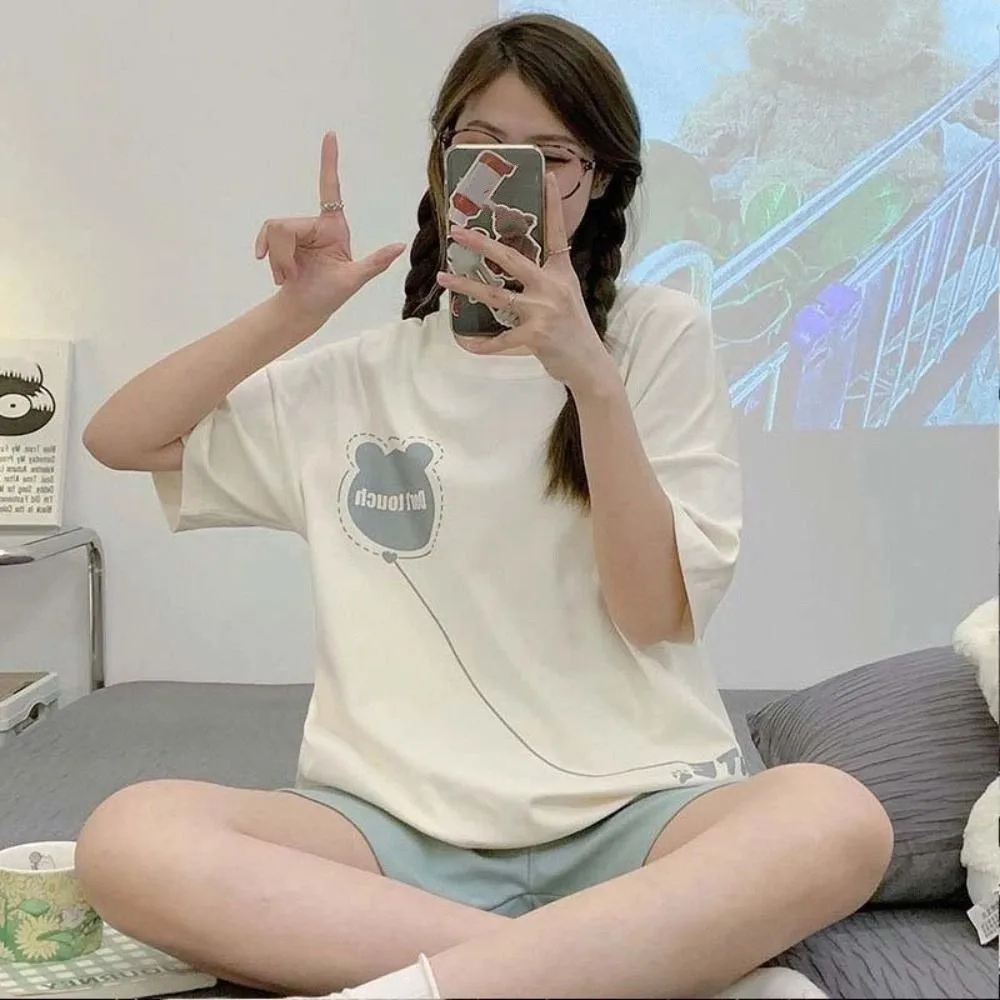 

Casual Flower Cotton Shorts Pajamas Set Thin Bear Rabbit Women Nightwear Suit Short Sleeve Loose Cartoon Cotton Pajamas Girls