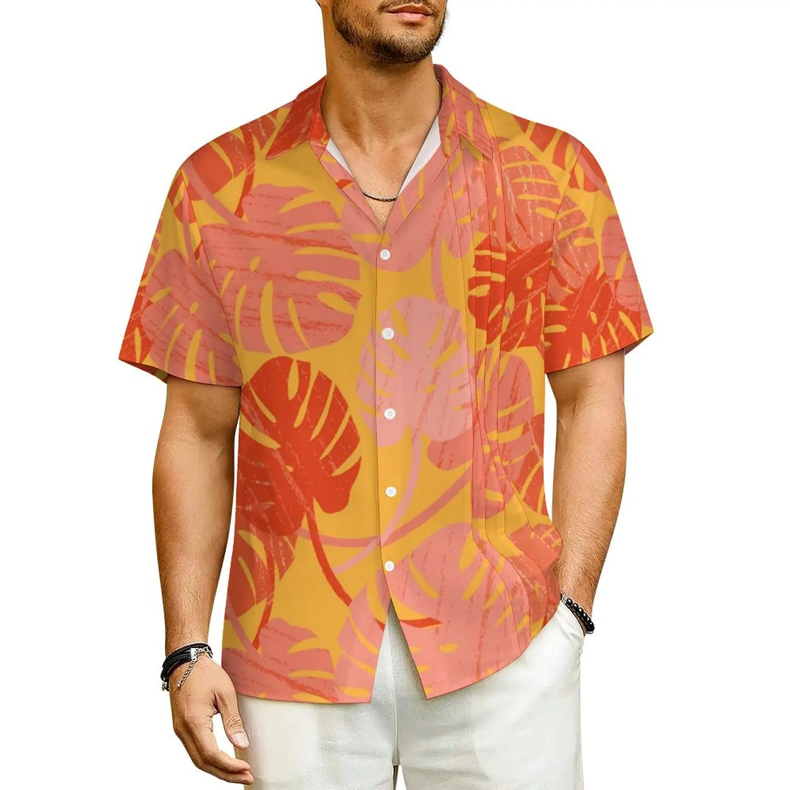 

Plants Print Casual Shirt Orange Leaves Cool Hawaii Shirts Men Short Sleeve Vacation Streetwear Design Oversized Blouses