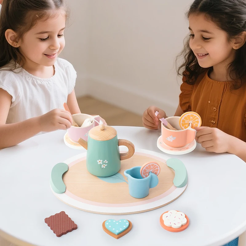 طقم شاي لعب خشبي بلون معكرون، يتميز مع معالجات الشاي الأنيقة وأدوات رائعة - مثالية للأطفال للعب الأدوار بأناقة