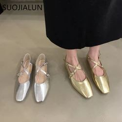 SUOJIALUN Spring New Women Flat Shoes Fashion Gold Ladies Round Toe Sahllow Ladies Elegant Mary Jane Shoes Soft Dress Ballerinas