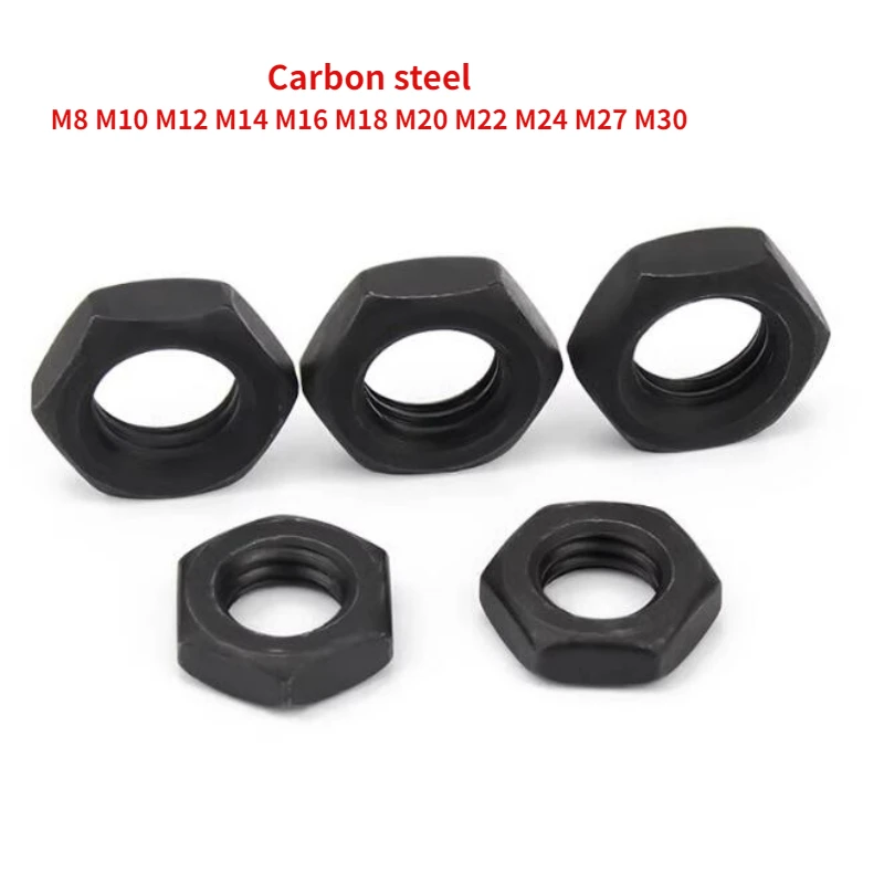 4-100pcs M8 M10 M12 M14 M16 M18 M20 M22 M24 M27 M30 Hexagon Thin Nuts Grade 8.8 Hex Carbon Steel Blackened Flat Nut