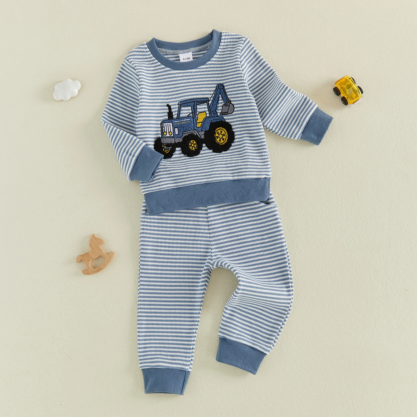 2027 Winter Toddler Baby Boy Striped Outfit Waffle Grid Excavator Embroidery Crew Neck Long Sleeve Sweatshirt and Pants 2Pcs Set