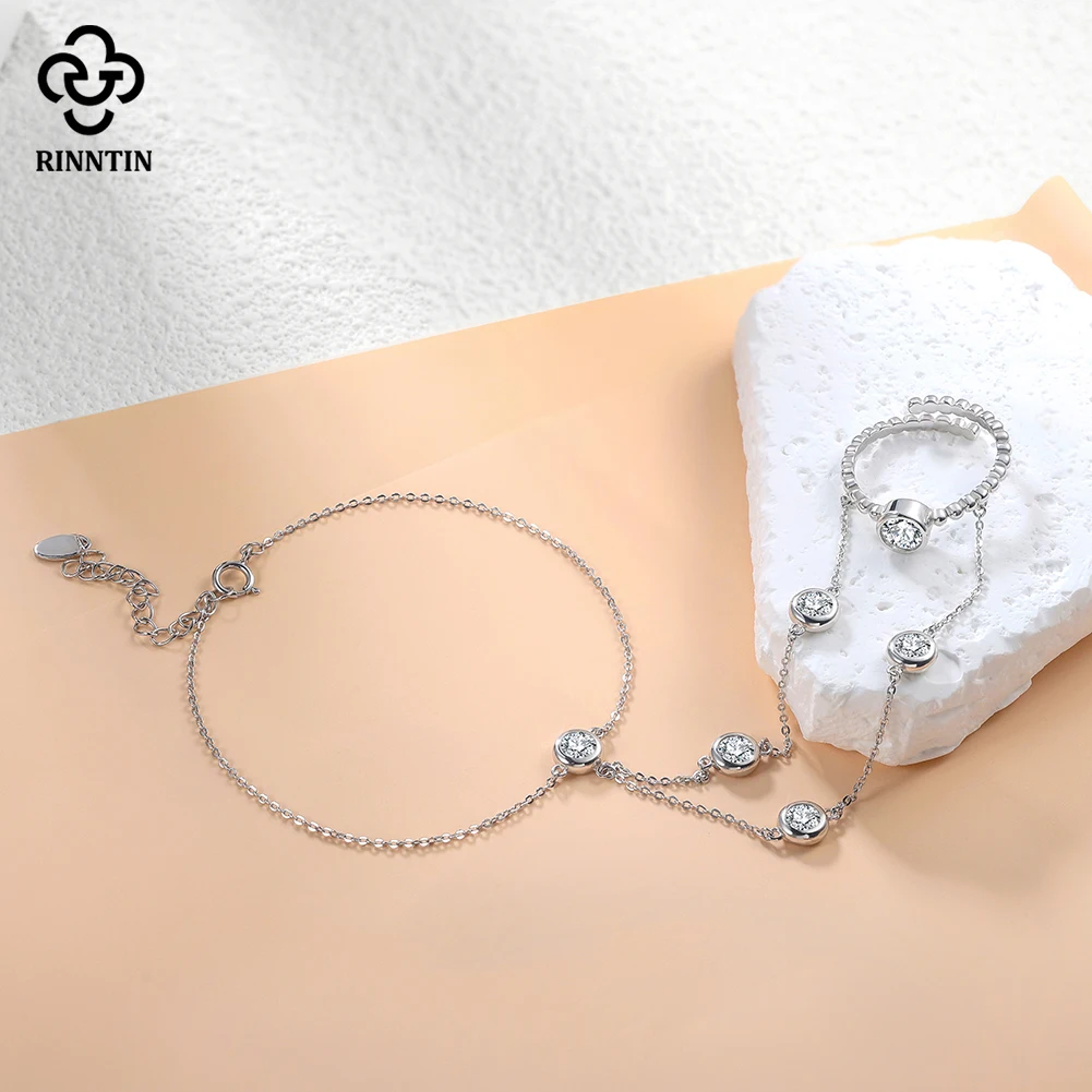 Rinntin Personalized 925 Silver 5A Crystal Zircon Bracelet Finger Ring Hand Chain Bracelet Link Connected Hand Jewelry APV05