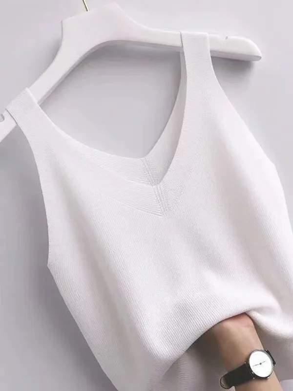 

Ice Silk Knitted Double V-Neck Strap Vest Summer Thin Sleeveless Top Women's Slimming Fashionable Color Pullover Blouse