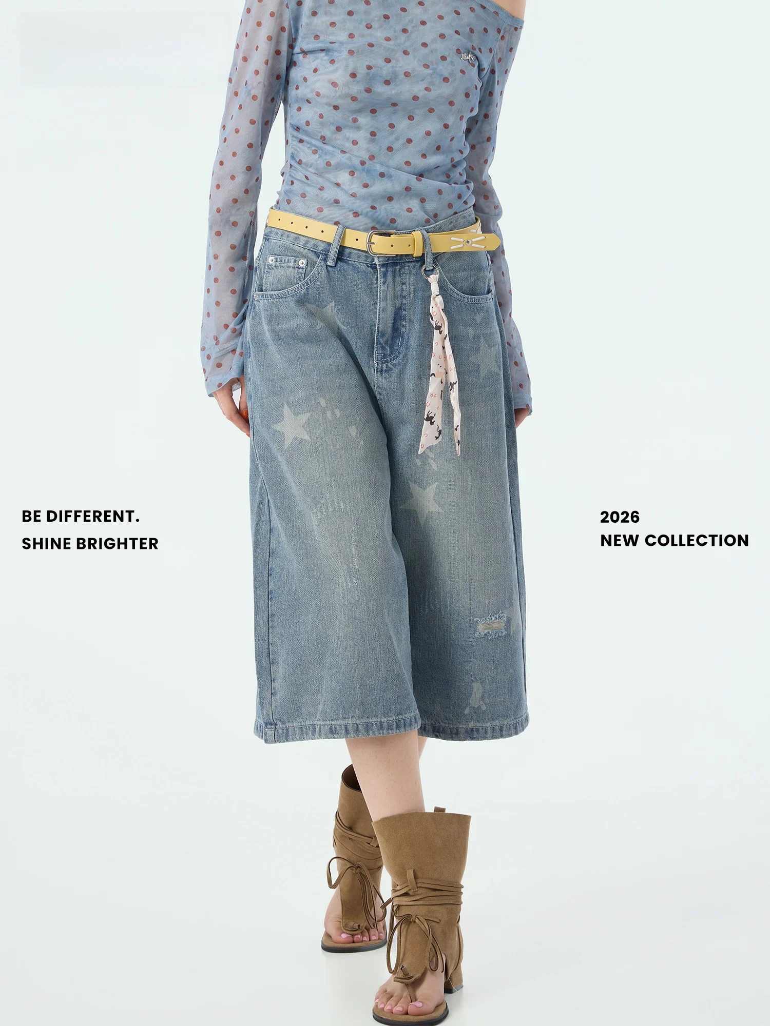 

Didimax Summer New Casual Style Seven-Foot Pants Five-Star Retro Style Jeans Hole Punching Women's Wide Leg Jeans Cotton Natu...