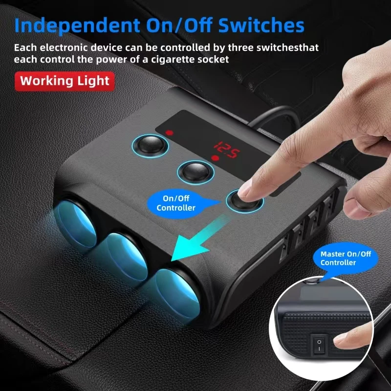 180W Car Cigarette Lighter Multi Sockets Triple Splitter With Switch Digital Voltage Display 5 USB Ports Type C Charger Adapter