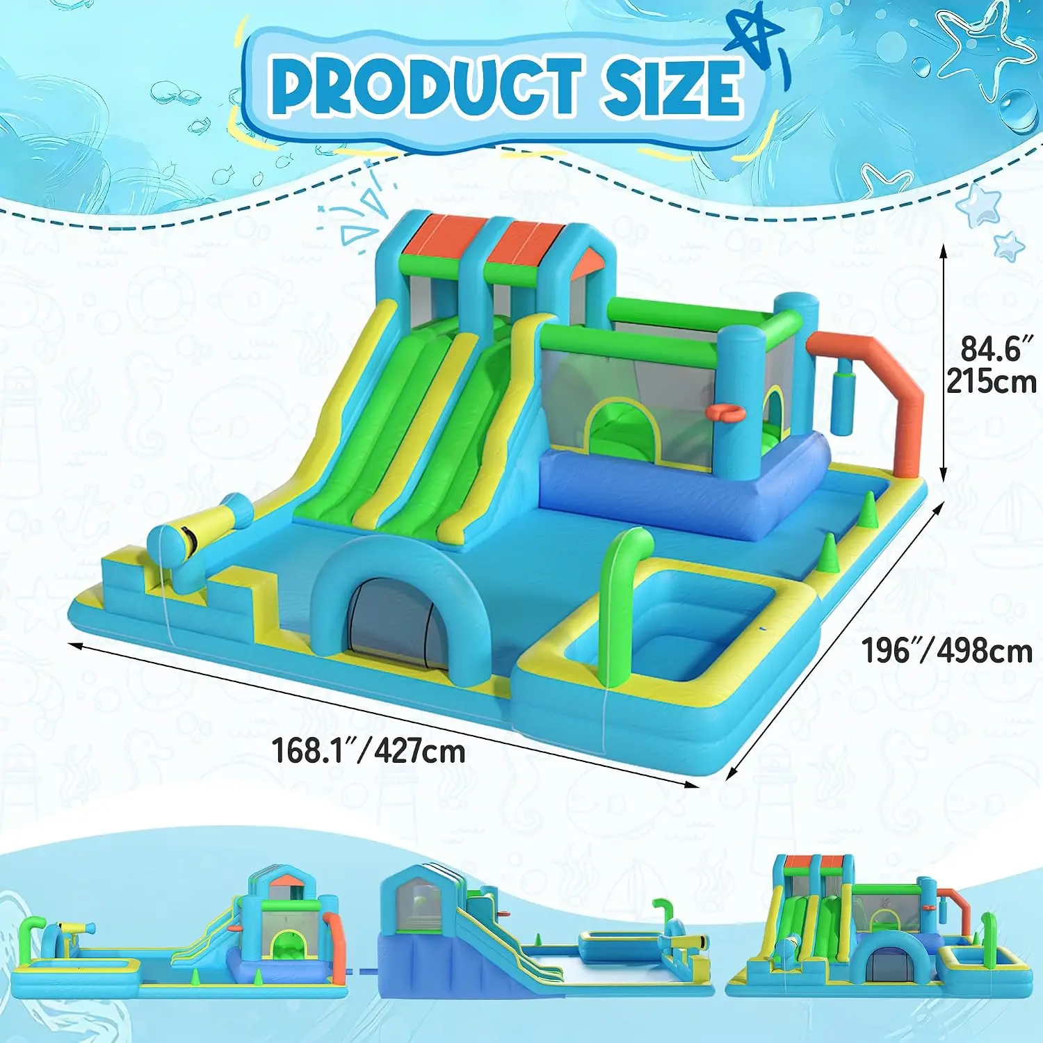 Kids Inflatable Bounce House with Double Water Slide, Blower, Climbing Wall, Water Gun, Splash Pool, and Basketball Hoop for Indoor Outdoor Backyard Fun
