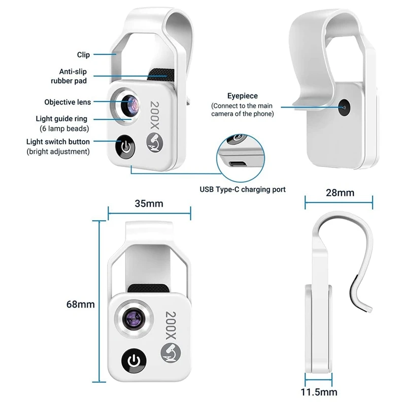 Mini microscópio de bolso para telefone 200X com CPL e luz LED, câmera de microscópio digital portátil para smartphone