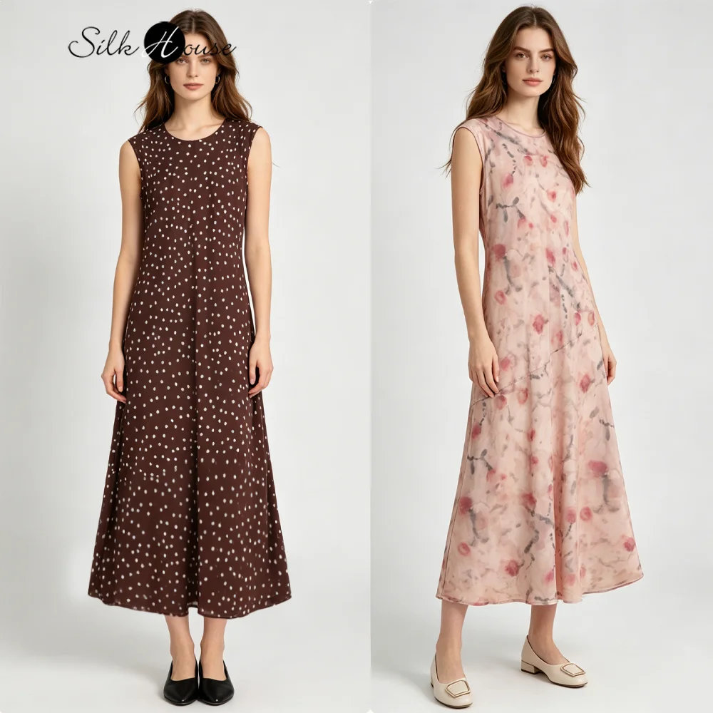 2026 Damenmode-Kleidung 100% Natürliche Maulbeerseide Doppelkrepp 45 °   Diagonaler Schnitt, Rundhalsausschnitt, kaffeefarbenes Kleid mit Wellenpunkten