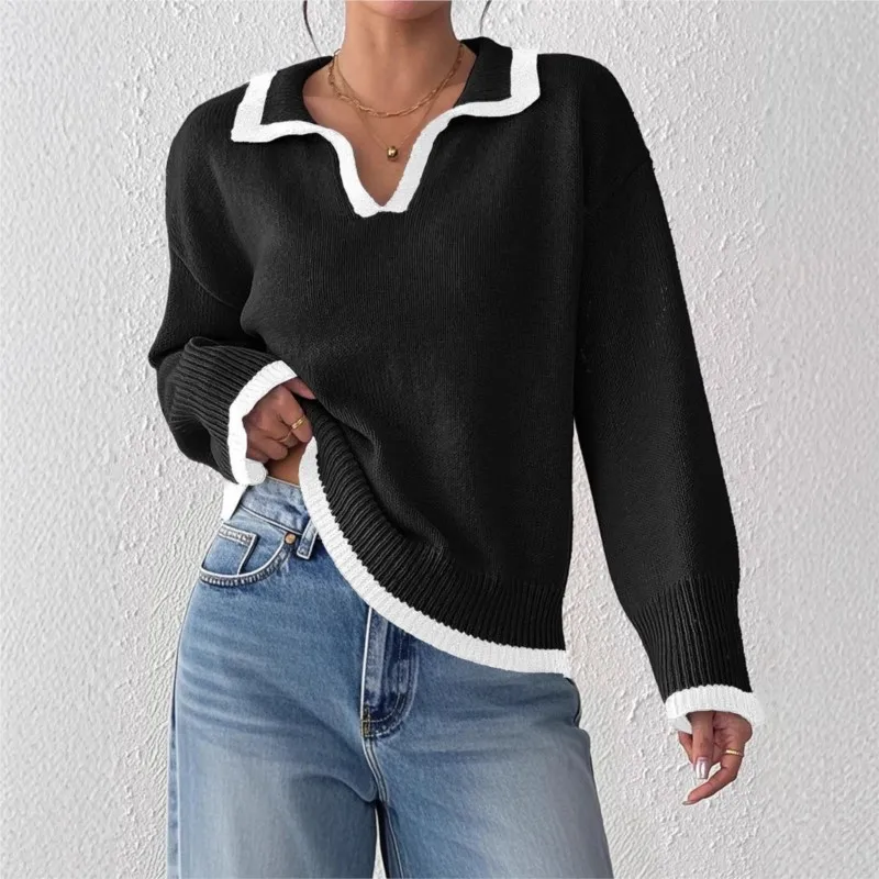 

Color Blocking Patchwork Polo Collar Sweater Long Sleeved Top For Autumn Winter New Women's Casual Pullover Sweater Ropa Mujer