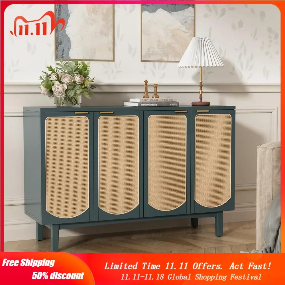 Sideboard Buffet Cabinet with 4 Rattan Doors, Accent Storage Cabinet with Shelves, Free Standing TV Console Table