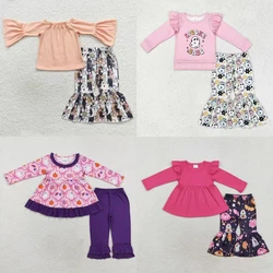 Wholesale Toddler Children Ghost Pumpkin Flower Outfit Long Sleeves Tops Kids Infant Bell Pants Baby Girl Halloween Floral Set