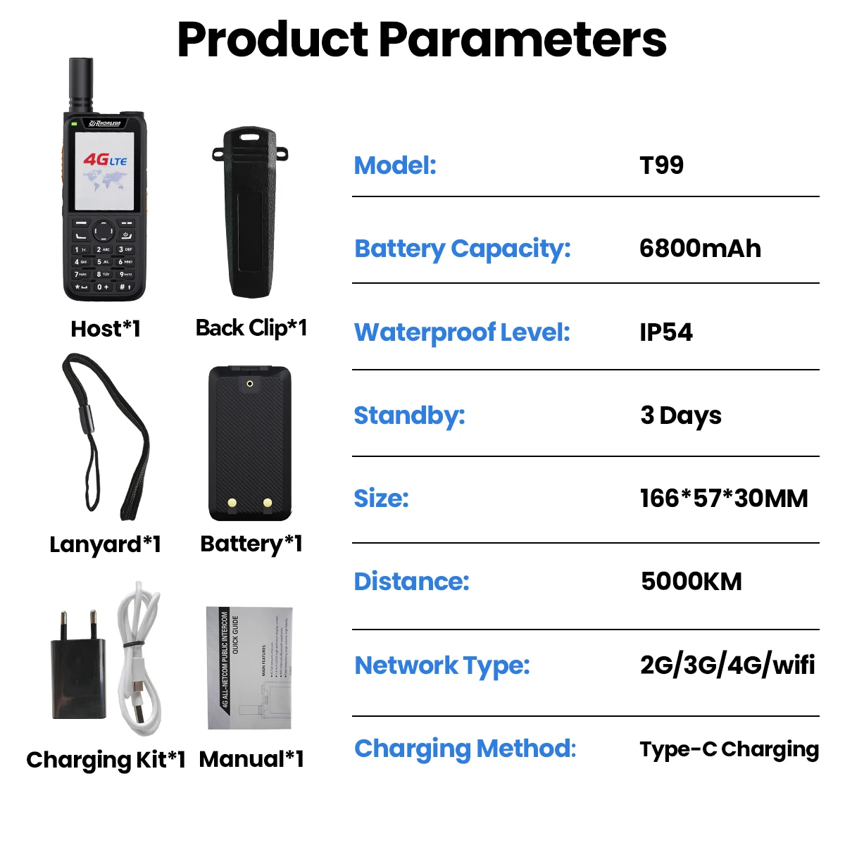 ZELLO Walkie Talkie HX-T99 4G POC 5000KM Bluetooth GPS SOS IPX68 Collegamento wireless Android 9 Chiamate cellulari Torcia incorporata