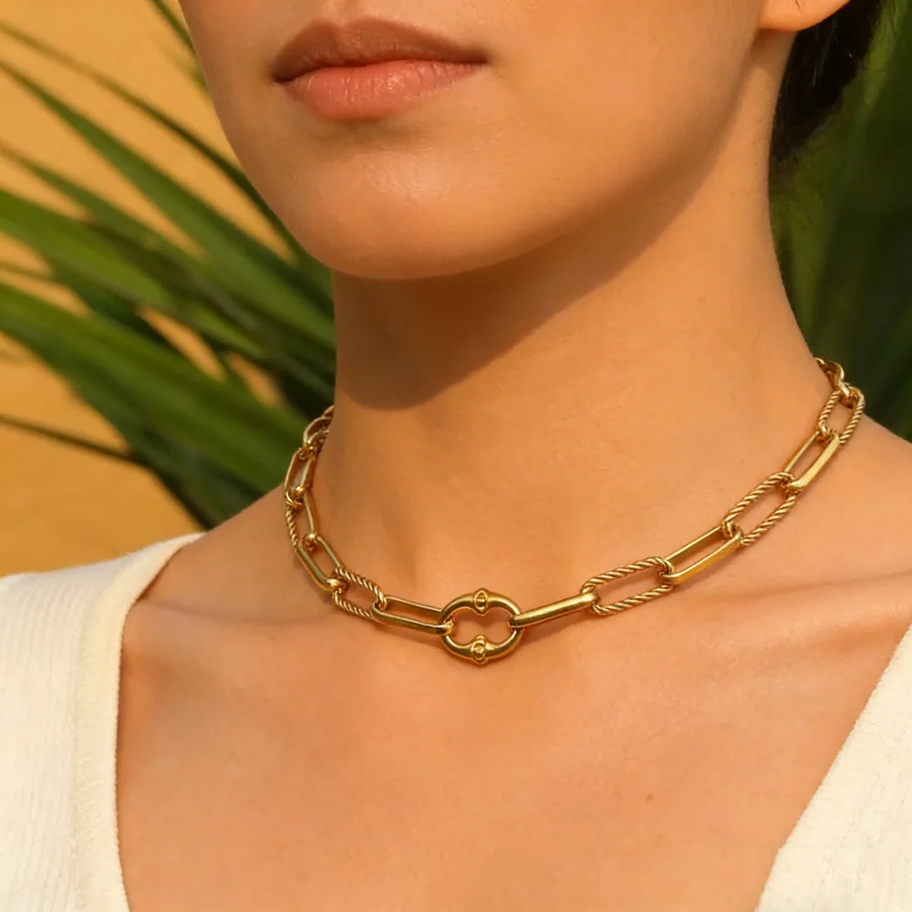 Stainless Steel Jewelry Set, Women's Twisted Rope & Paperclip Chain Necklace Bracelet with Horsebit Buckle, Hypoallergenic Non