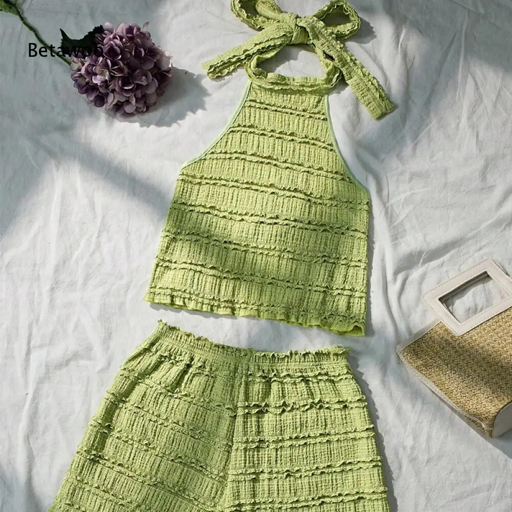 

Summer 2 Piece Set for Women, Halter Neck Tie Back Crop Top with High Waist Shorts