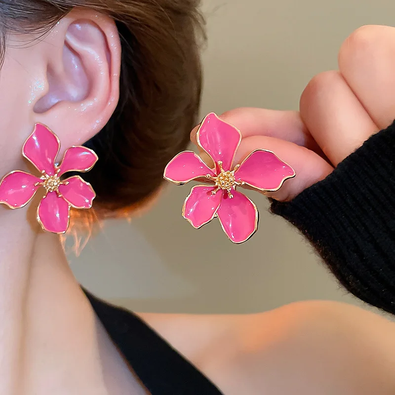 

Minar 2025 Spring Summer New Pink Enamel Flower Petal Drop Earrings for Women Gold Plated Metal Statement Holiday Casual Jewelry