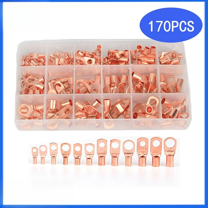 170Pcs/Box Bare Copper Open Barrel Terminals Battery Cable Crimp Connectors SC Lugs