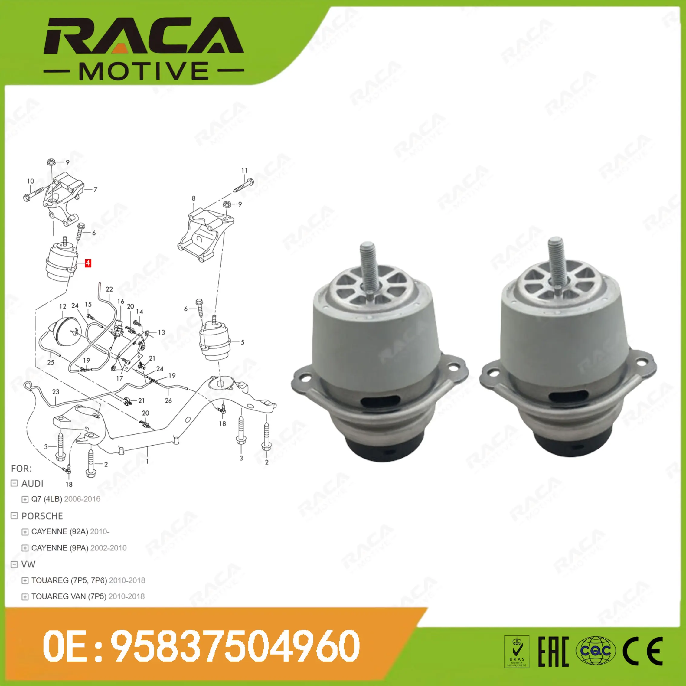 Engine Mount (Engine and Transmission Mounting) Suitable for Porsche Cayenne (92A/9Pa) Audi Q7 (4lb) Volkswagen Touareg (7P5/7P6/) 95837504960