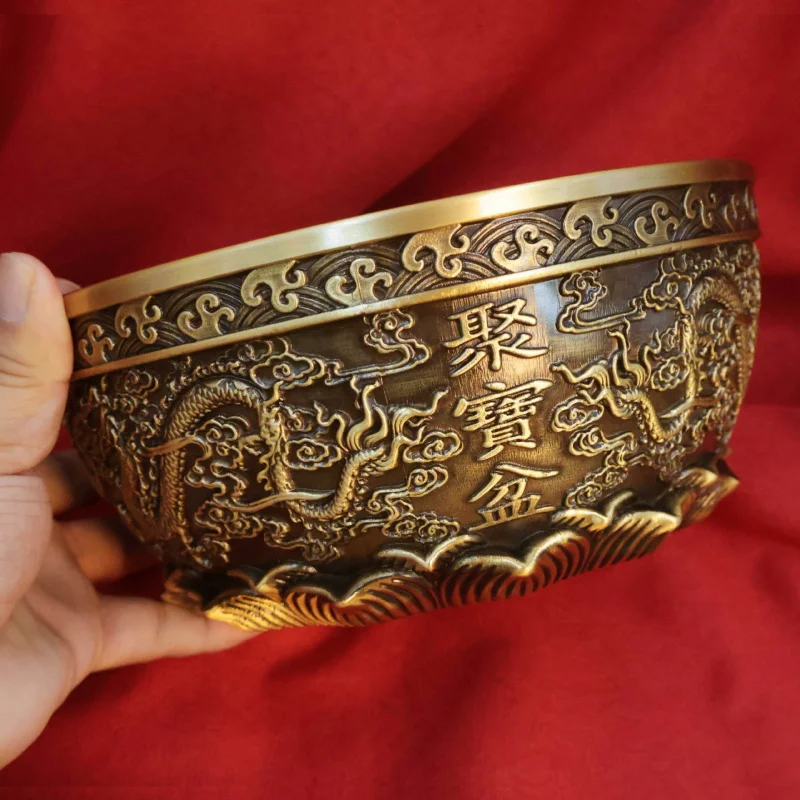 Brass Double Dragon Treasure Basin Ornament, Copper Basin for Living Room, Tabletop, Wine Cabinet, Entryway, Office Desk, Wealth