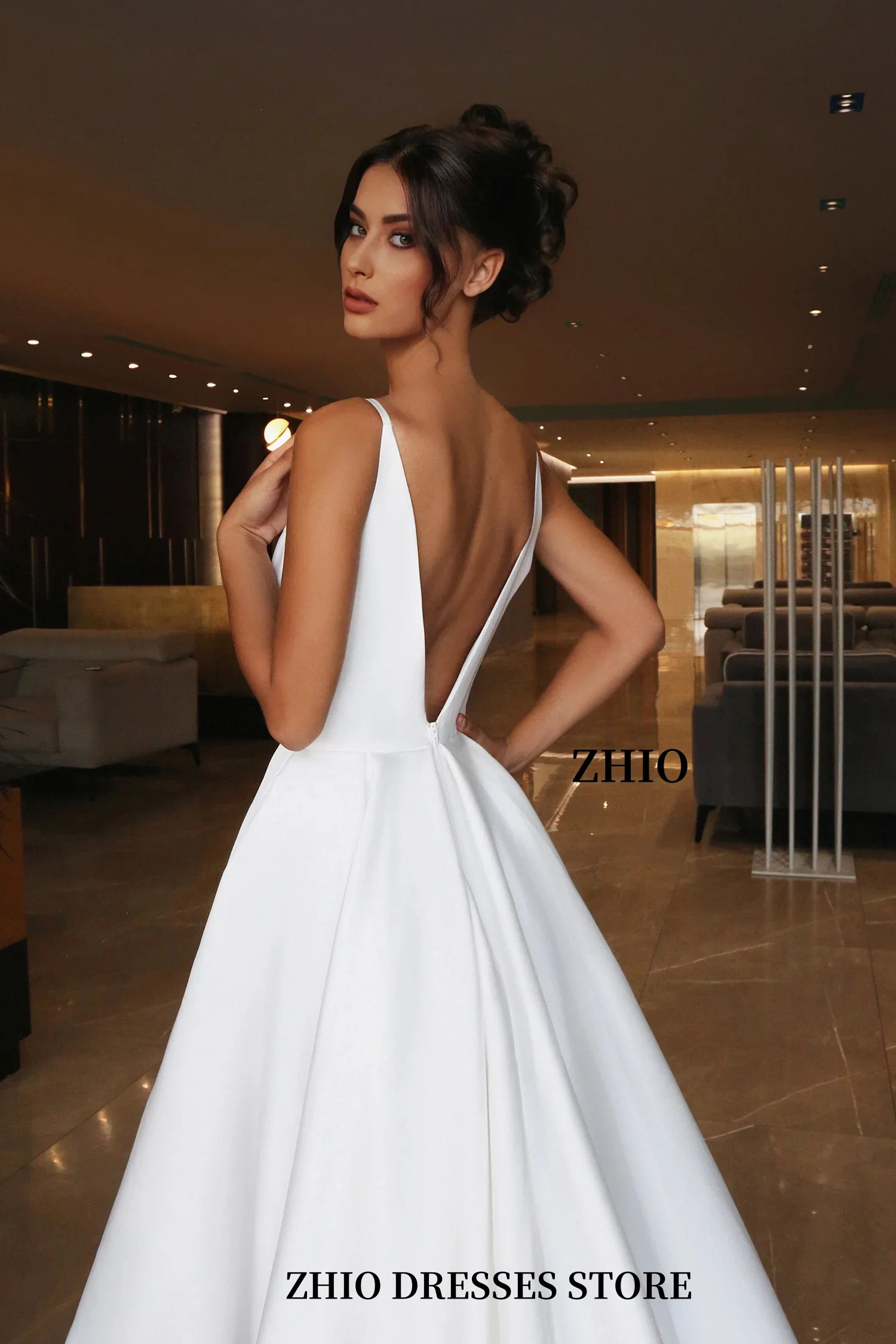 ZHIO Shiny Lace Satin Wedding Dress Sleeveless A-line Side Split Backless Bridal Dress Vestido de Novia Customized