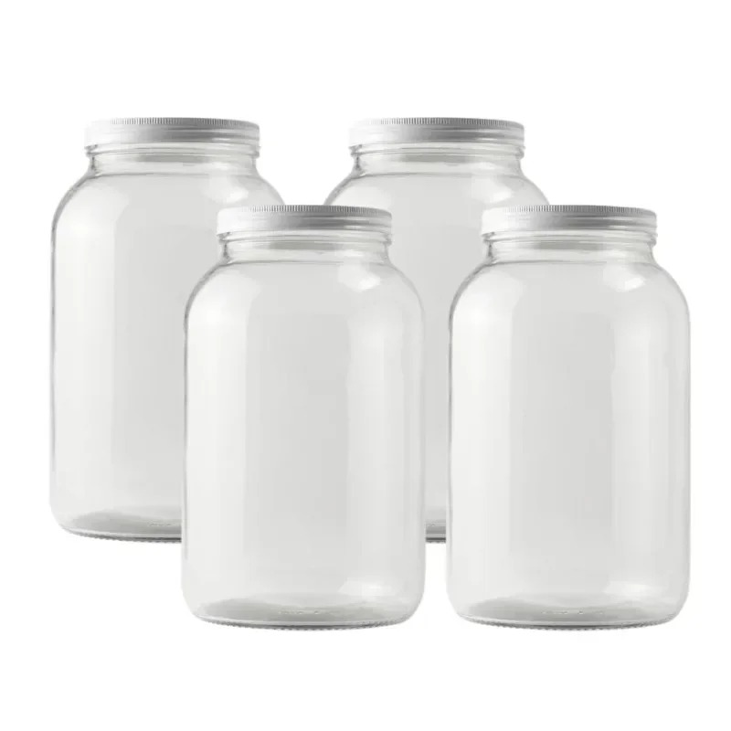 

Gallon Wide Mouth Jar with White Metal Airtight Lid, 4 Glass Jars with 4 Fermentation Lids, Ideal Glass Jars with Lid