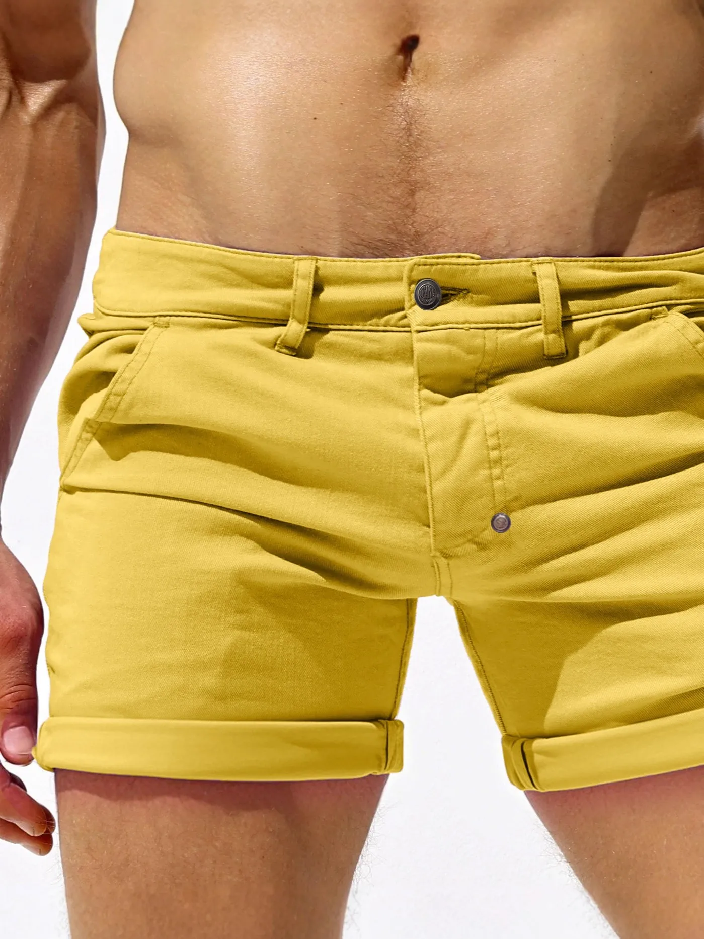 

Men's Summer Shorts Yellow Rolled Cuff Button Fly Short Pants Five Pocket Mid Thigh Length Casual Shorts Slim Fit Cotton Denim