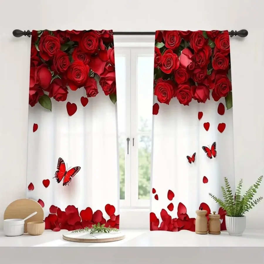 2 PCS Rose Red Butterfly Curtains, Romantic Elegant Style Window Drapes for Living Room Bedroom Home Decor Polyester Rod Pocket