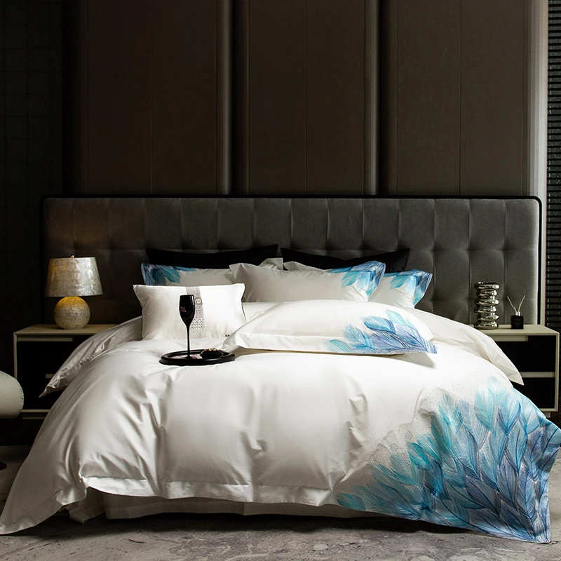 Blue Feather Embroidery Duvet Cover Sets Bed Sheet Pillowcases White Egyptian Cotton Bedding Set Home Textile