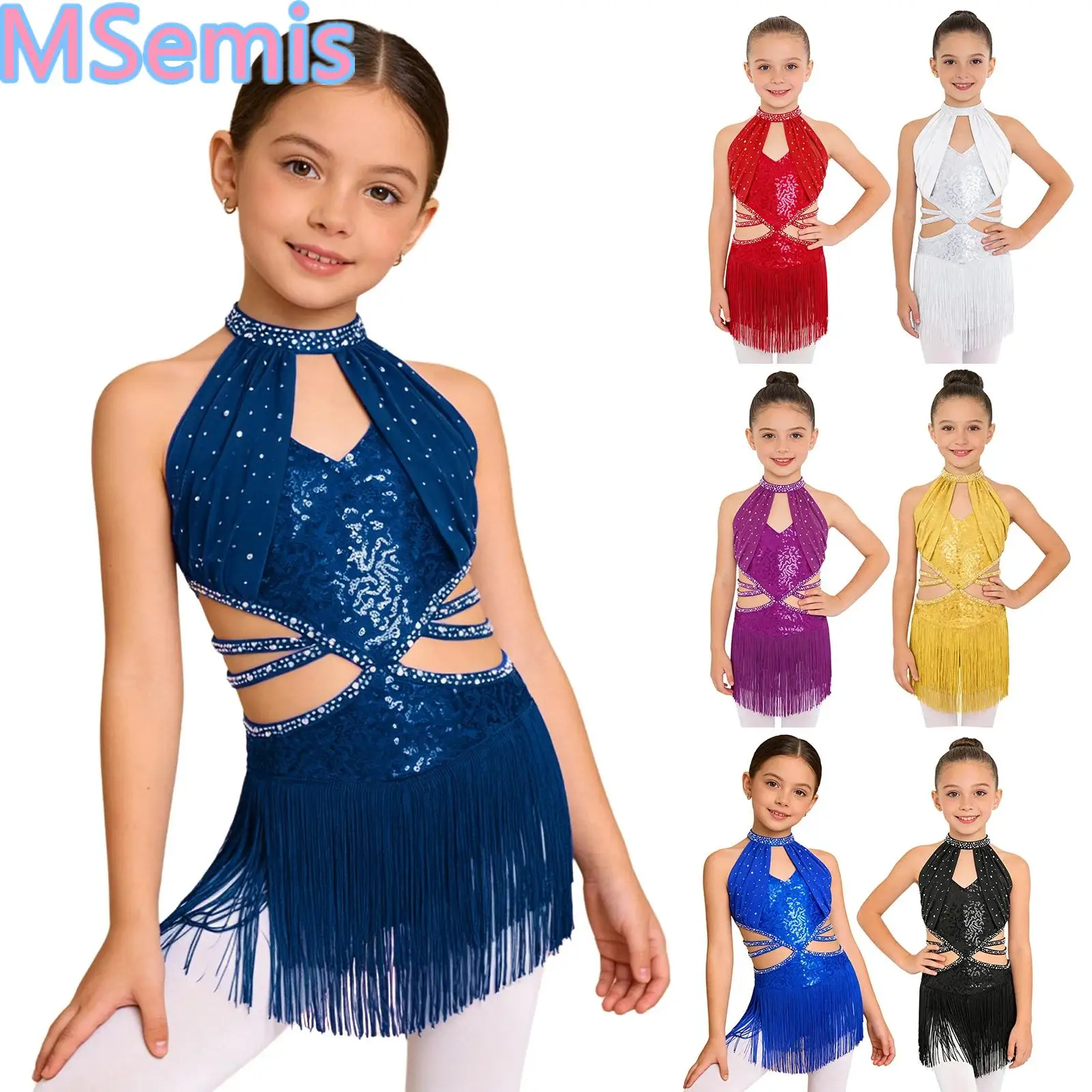 

Kids Girls Latin Dance Dress Sleeveless Ruched Mesh Overlay Bodice Cutout Waist Tassel Glittery Rhinestone Sequin Leotard