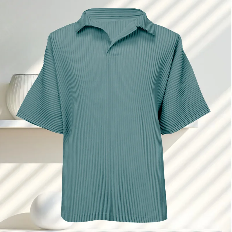 

Japanese Miyake Pleated Polo Shirt 2025 Spring Summer New Casual Simple Short-sleeved Lapel Men's T-shirt Solid Men's Clothing