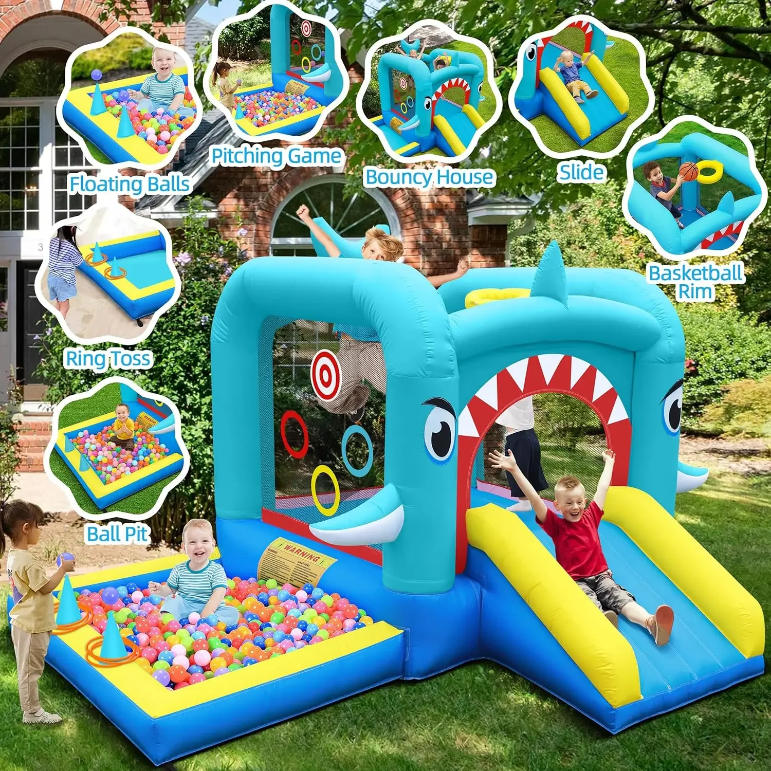 Inflatable Bounce House: Jump Bouncer Castle Slide Combo - 7 in 1 for Kids 3-8 - with 370W Blower - for Indoor Outdoor