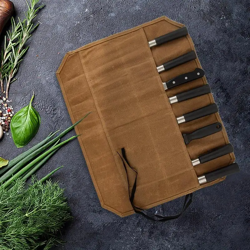Waxed Canvas Chef Knife Roll Multiple Storage Slots Durable Construction Knife Bag Portable Kitchen Knife Holder Outdoor Camping