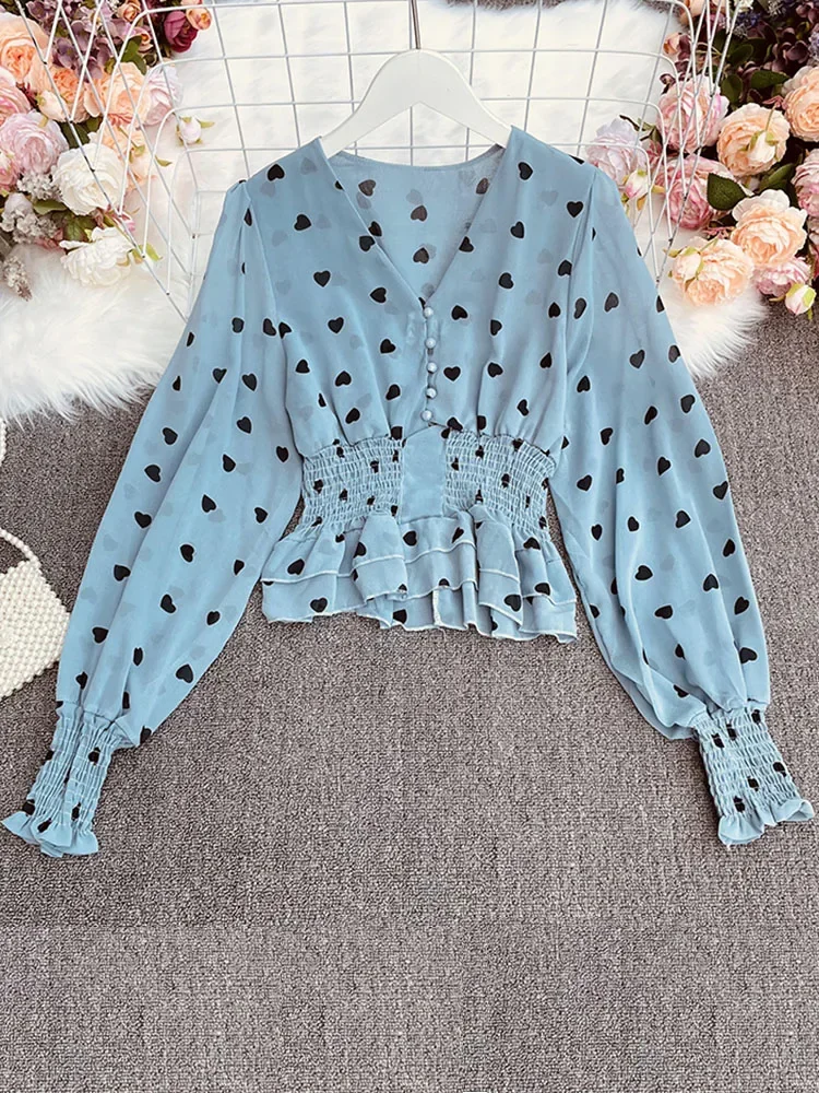 Spring Autumn Polka Dot Peach Heart Blouse Top Women\'s V-neck Puff Sleeve Short Pleated Waistless All-match Chiffon Shirt UK357