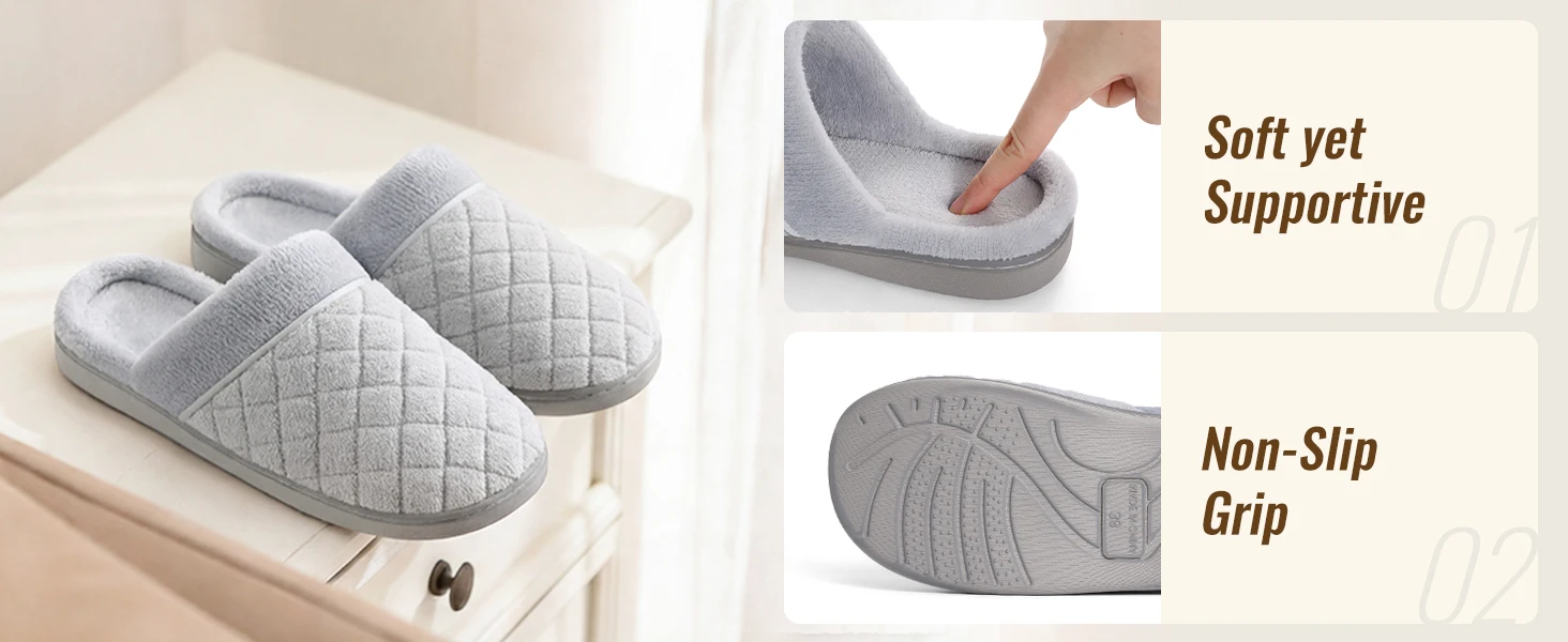 Shevalues Leichte Damen-Baumwollpantoffeln mit weicher Sohle, rutschfeste Hausschuhe, Memory-Schaum, Unisex-Schlafzimmer-Schuhe – Detail 4