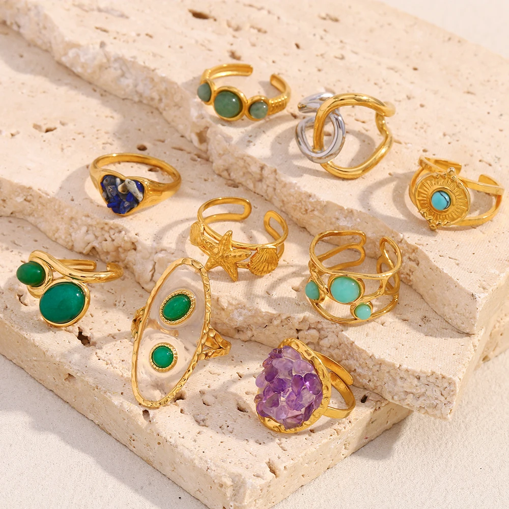 E.B.belle جديد الفولاذ المقاوم للصدأ نجم البحر القلب الأخضر اللون جولة الحجر الطبيعي الكفة الدائري PVD مطلي خمر نمط فنجر مجوهرات #2