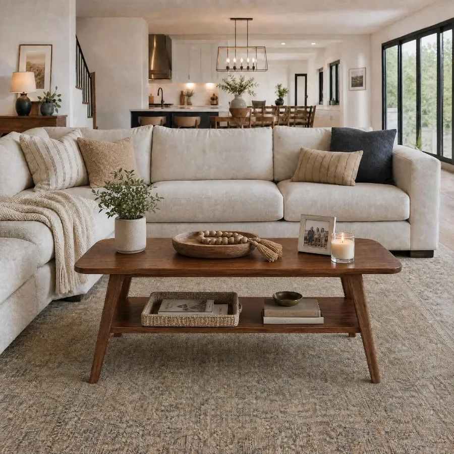 100% Solid Oak Coffee Table with Storage Shelf, 47.24