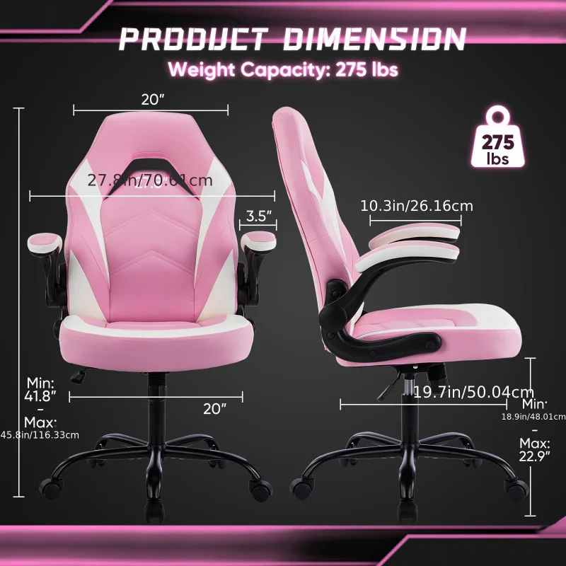 Large and Tall Desk Leather Game Computer Chair，Adjustable Rotating Task and Flip Arm，Suitable for Adults、Teenagers - Pink