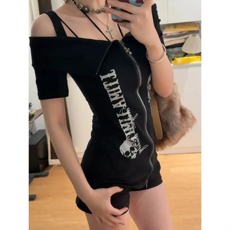 Y2K American Spicy Girl Design Zipper One oulder Or Sve T-shirt Donna Estate Apy Cultural Bla Strap Faion Set