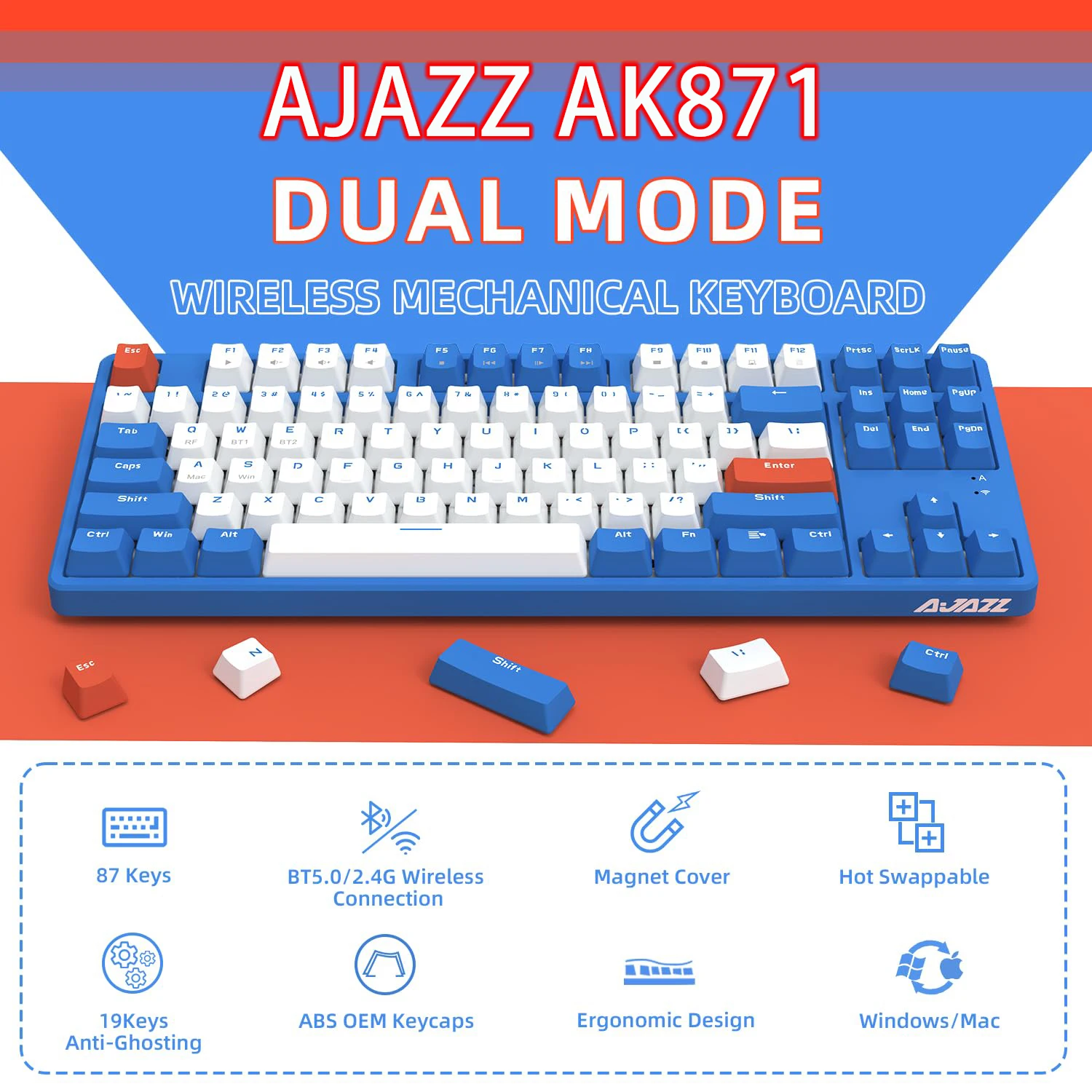 

Клавиатура AJAZZ AK871 Беспроводная Механическая игровая, 75% дюйма, 87 клавиш, 2,4 ГГц/BT5.0