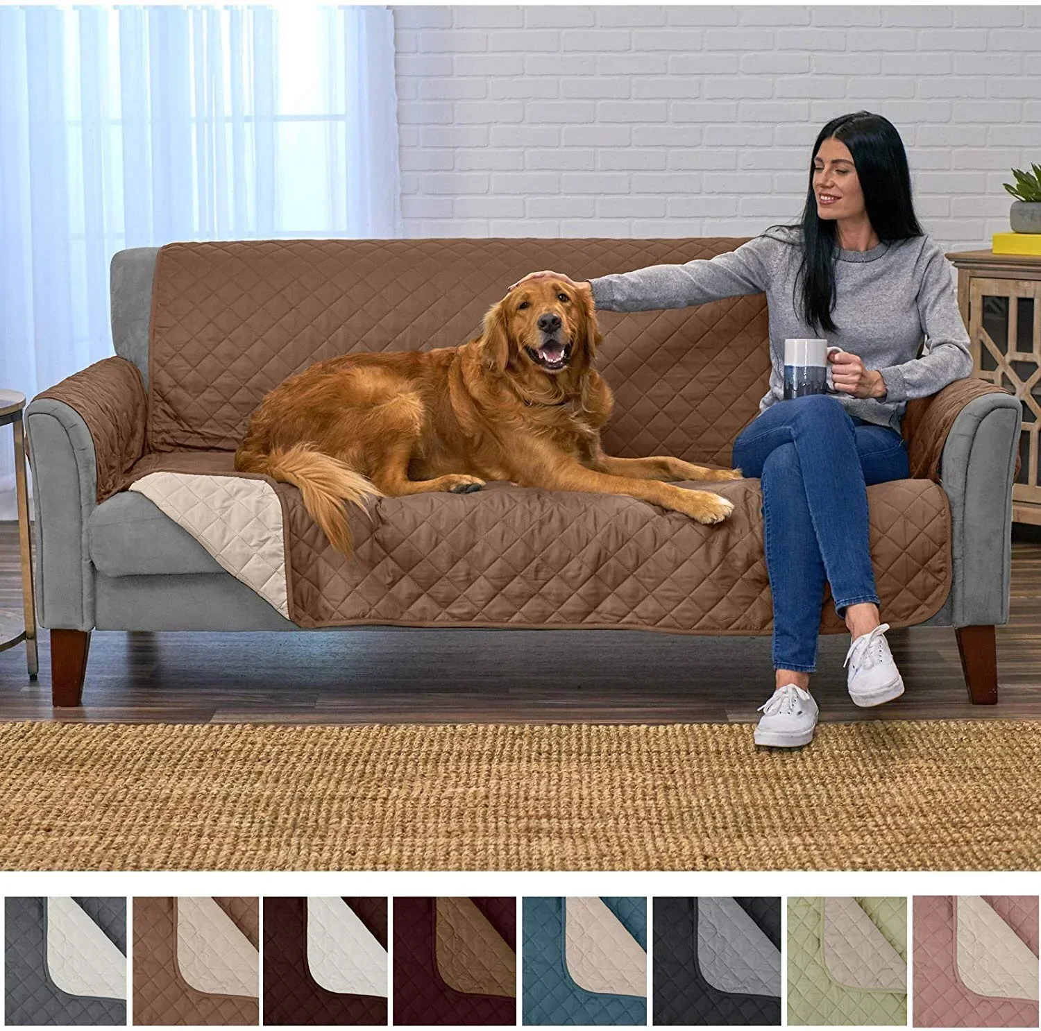 Reversible Quilted Sofa Cover Water Resistant Slipcover Furniture Protector Washable Couch Cover with Non Slip and Elastic Strap