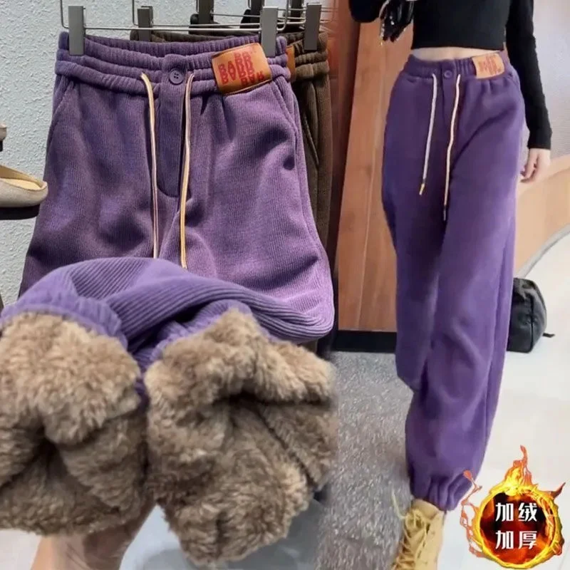 2023 New Women Thicke Lambwool Corduroy Pants Vintage Plush Velvet Jogger Pants Snow Wear Warm Oversized Female Casual Sweatpant