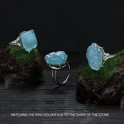 YEEVAA Natural Blue Aquamarine Crystal Adjustable Ring White Gold Plated Ocean Gemstone Ring Jewelry AAAAA