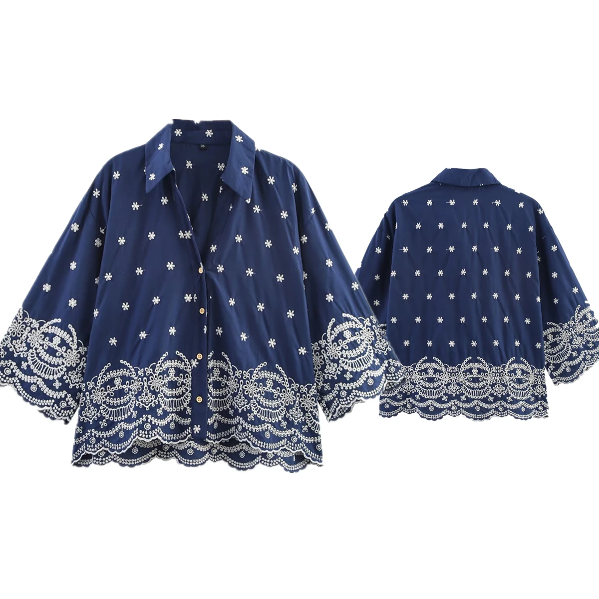 

Dave&Di French Bohemian Flower Embroidered Navy Blue Shirt Summer Ethnic Style Short-sleeved Shirt Blouse Women Tops