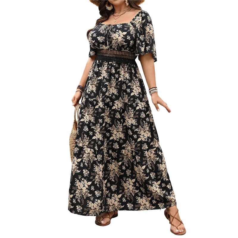 ASDS-robe florale à manches courtes pour femmes, col carré, dentelle, œillet découpé, Vintage Boho Maxi longue 2025