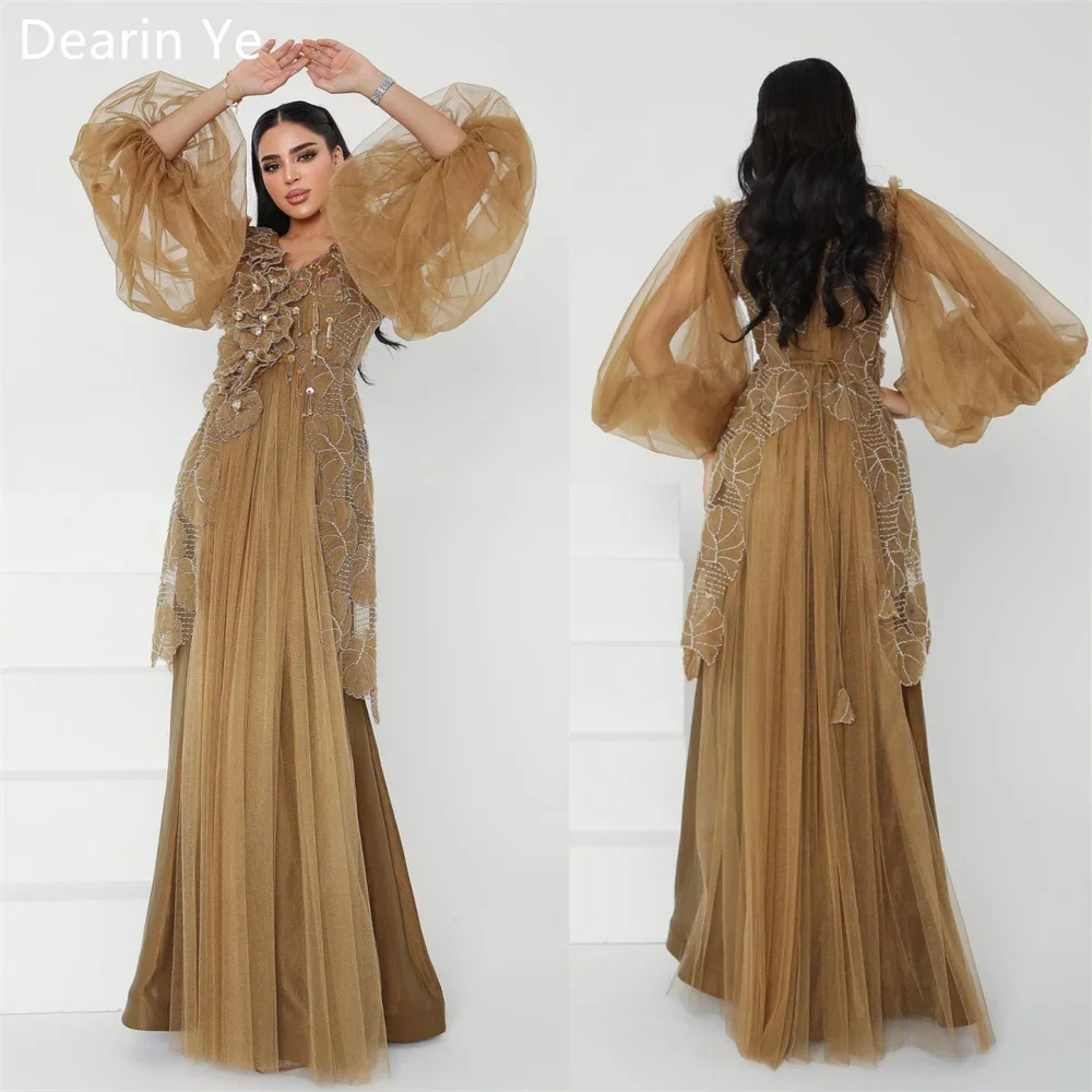 Customized Saudi Arabia Dearin V-neck A-line Floor Length Skirts Draped Tulle Applique Flower Bespoke Occasion Dresses Evening D